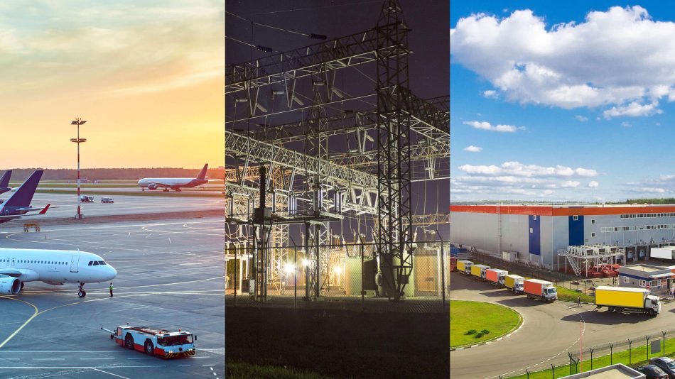 Three side-by-side images of an airport tarmac, an electrical utility site, and the outside of a large manufacturing facility to show a sampling of the markets Senstar serves