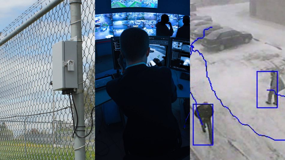 Trois images côte à côte du capteur de détection d'intrusion monté sur clôture FlexZone, de la plate-forme de gestion vidéo, vidéo et de sécurité Symphony et de l'analyse vidéo du suivi des personnes et des véhicules en extérieur pour présenter un échantillon des produits de Senstar