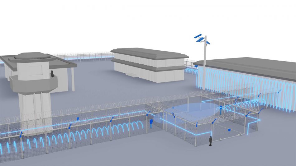 Render of perimeter intrusion detection and video management products protecting a correctional facility
