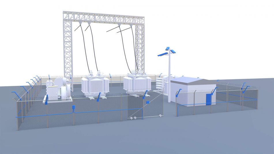 Render of perimeter intrusion detection and video management products protecting an electrical utility site