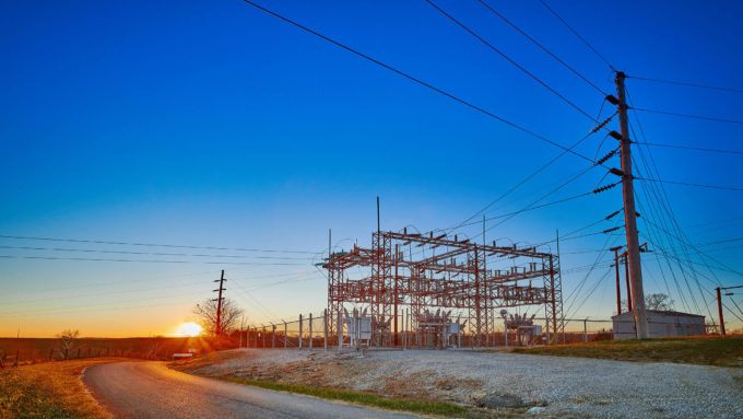 Electrical utility site at sunset