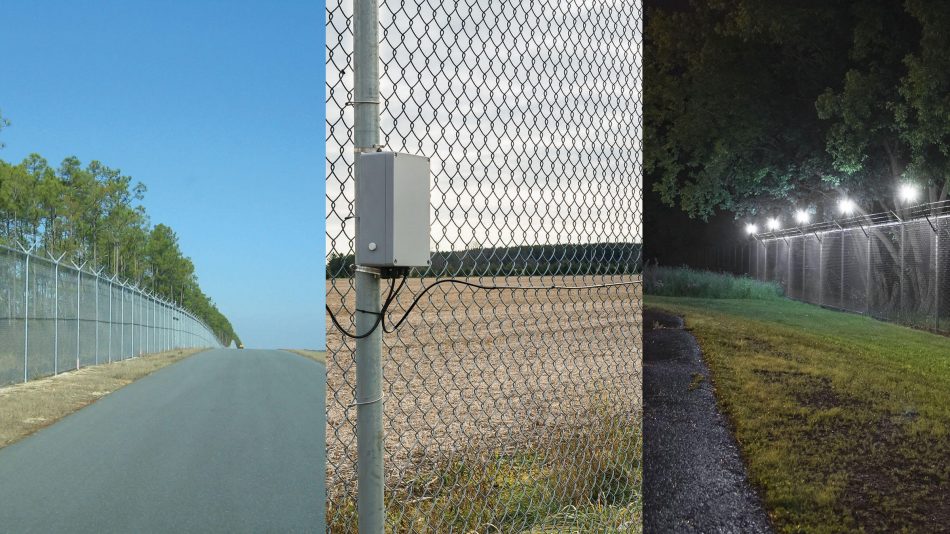 Split image of FlexZone locating fence-mounted intrusion detection sensor, Senstar LM100 hybrid perimeter intrusion detection and intelligent lighting system, and FiberPatrol fiber optic intrusion detection sensor