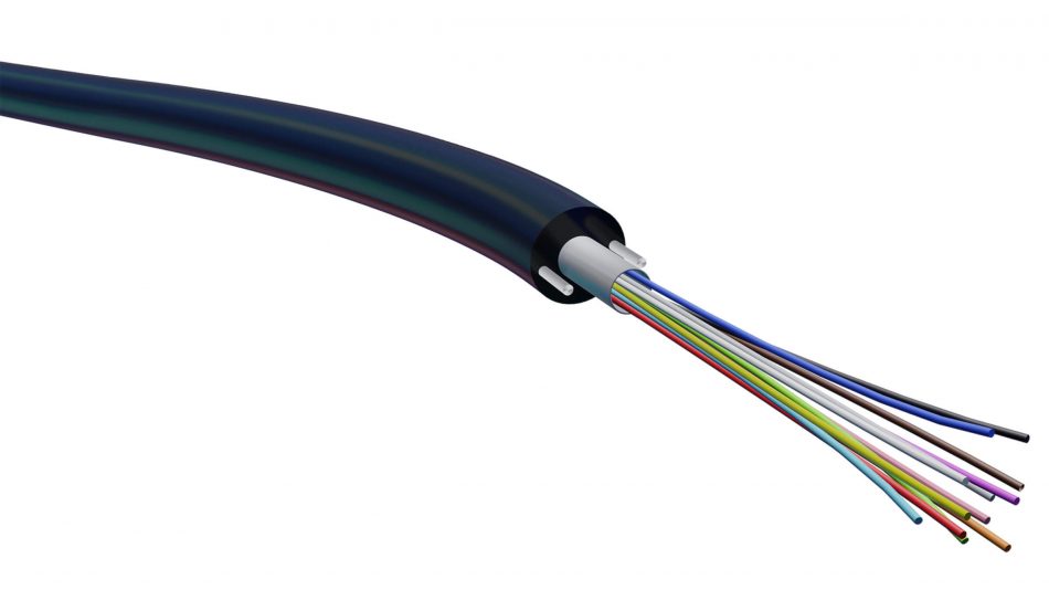 Renderizado del cable de fibra óptica FiberPatrol FP400 que muestra la estructura de los cables en el interior