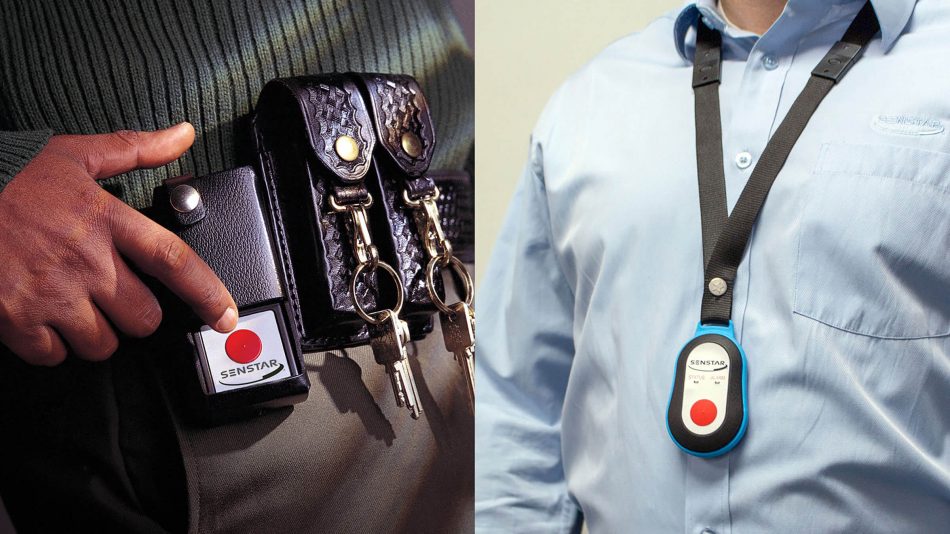 Split image of Flare Real-Time Locating System belt worn personal protection device and personal protection pendant