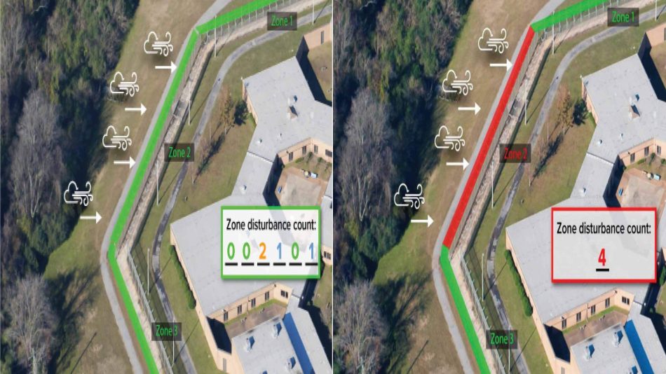 Split image of the same prison site indicating no alarm from wind in a detection zone with ranging system vs alarm from wind with a zone-based system