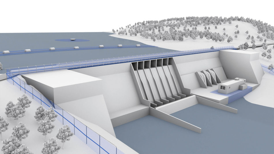 Render of perimeter intrusion detection and video management products protecting a hydroelectric dam
