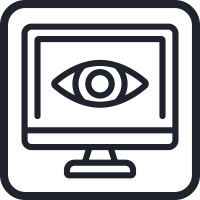 Icon of a computer screen with eye representing the ability of Senstar's video management software to manage large camera deployments and direct staff attention to key events.
