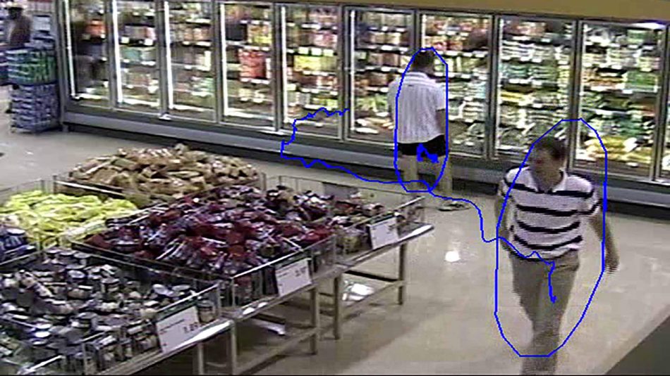 Video surveillance inside a grocery store with virtual circles drawn around two customers to show Senstar's Indoor People Tracker video analytic