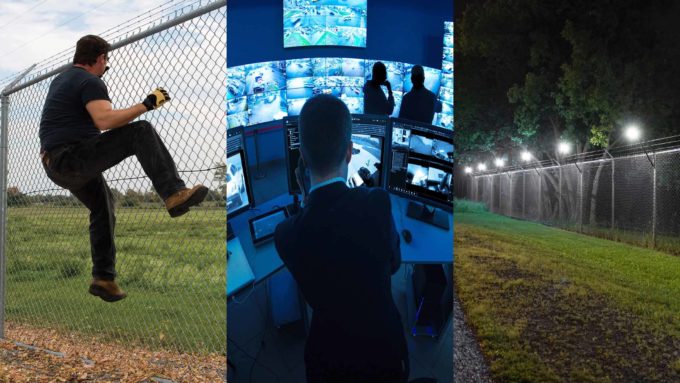 Collage of man climbing fence, control room and intelligent lighting to show a range of Senstar products