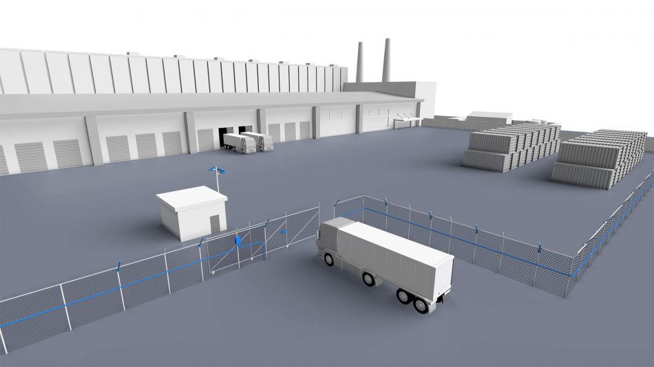 Render of perimeter intrusion detection and video management products protecting a manufacturing facility