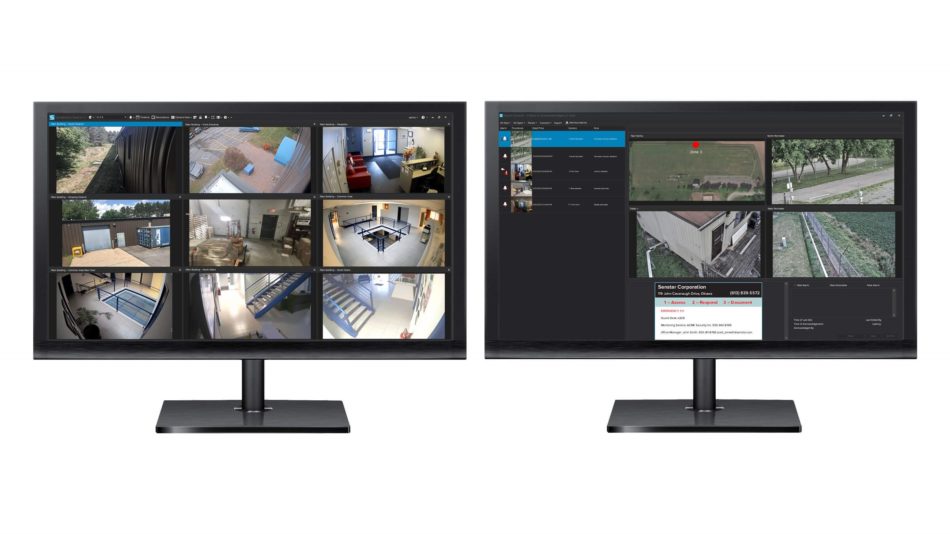 Two monitors with Senstar symphony showing video feeds of perimeter security screens made possible by Network Manager integration