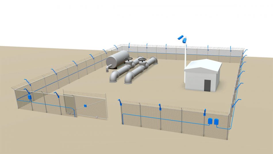 Render of perimeter intrusion detection and video management products protecting an oil and gas facility