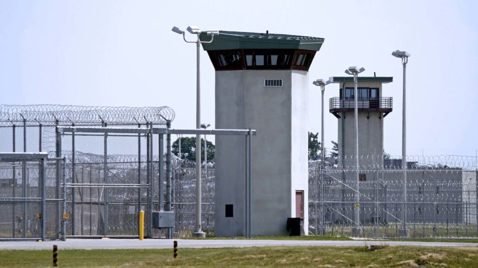 Prison entrance with watch towers
