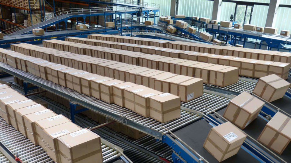 Boxes on production lines at a logistics facility