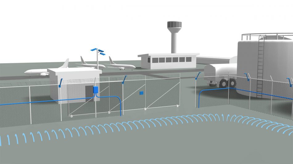 Render of perimeter intrusion detection and video management products protecting an airport